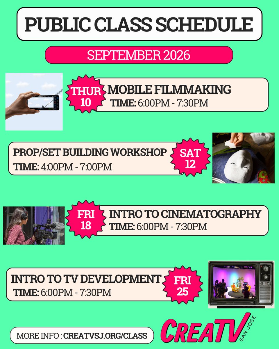 creatvsj's tweet photo. Ready to bring your ideas to the screen? CreaTV has exciting media-making classes this month!

Join us and take your media-making skills to the next level! RSVP-> https://t.co/YTH8fVDmrq https://t.co/kTi9jvhV2u