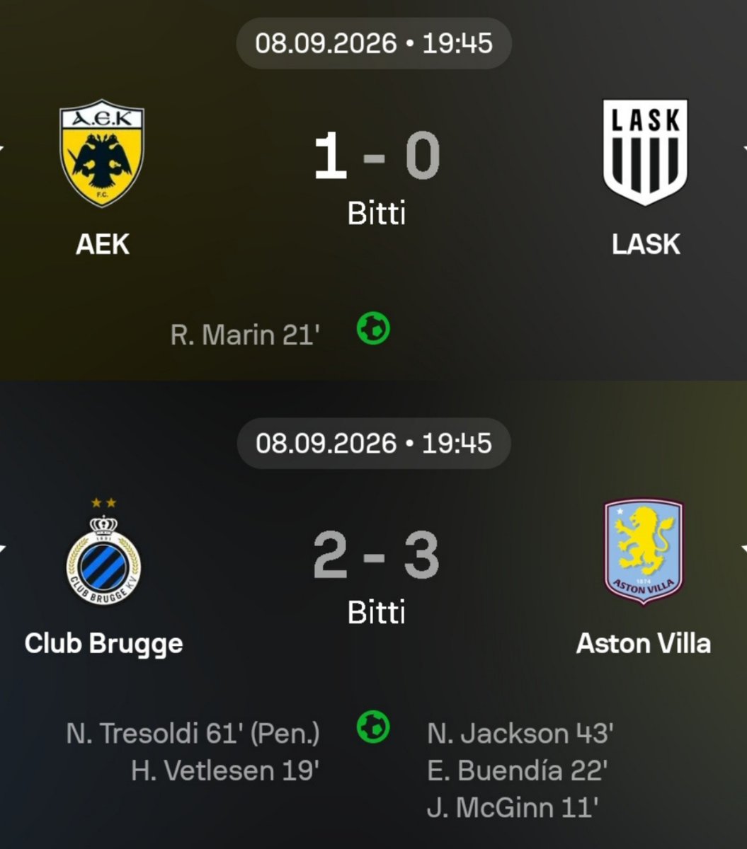 nexygs9's tweet photo. Şampiyonlar Ligi'ndeki rakiplerimizden AEK ve Aston Villa, ilk maçlarını kazandı. https://t.co/qxCkDnOByp