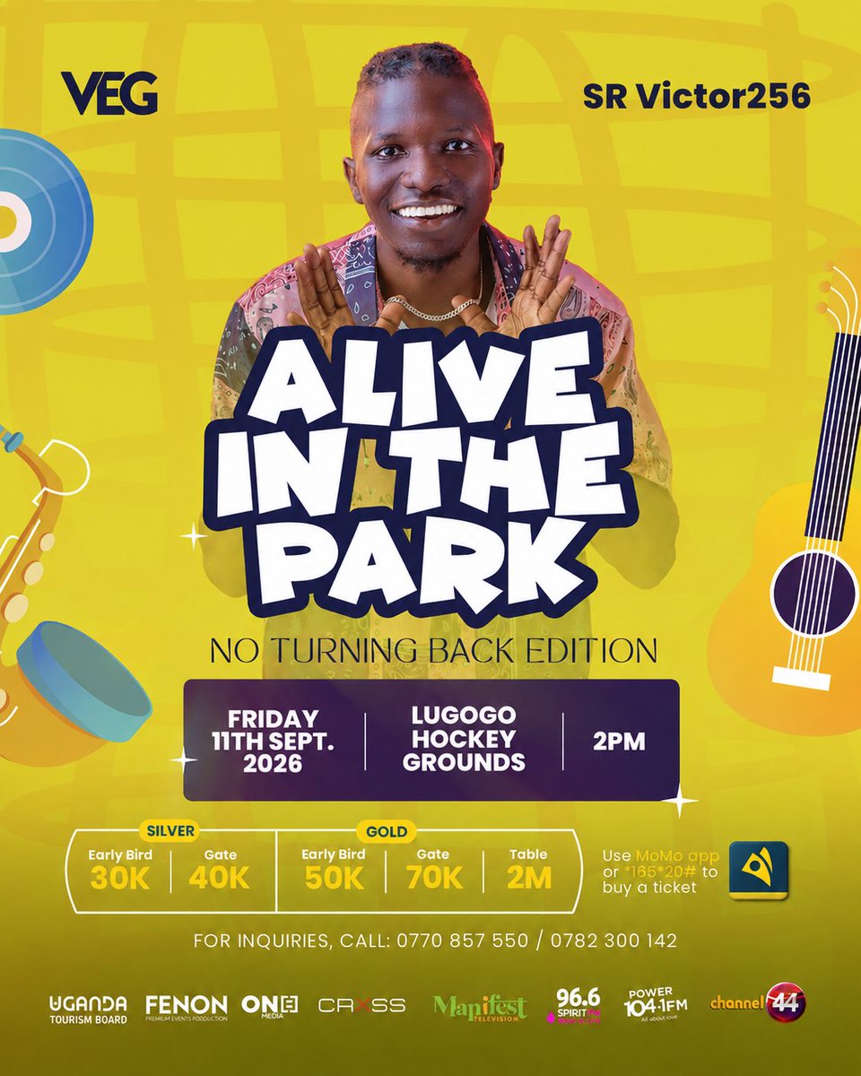 SRVictor256's tweet photo. Be ready for enjoyment as lit🔥as @AliveInThePark

Dedicate this Friday to it🥹clean up those shoes👟Yale Yagayoh ElWey

11th Sept 2026
Lugogo Hockey Grounds

EarlyBird🎫Silver 30K Gold 50K 
via @mtnmomoug 👉🏾 https://t.co/6XUSlK3MVU Dial *165*20#

#AliveInThePark #SRVictor256 https://t.co/1kJMffgJsd