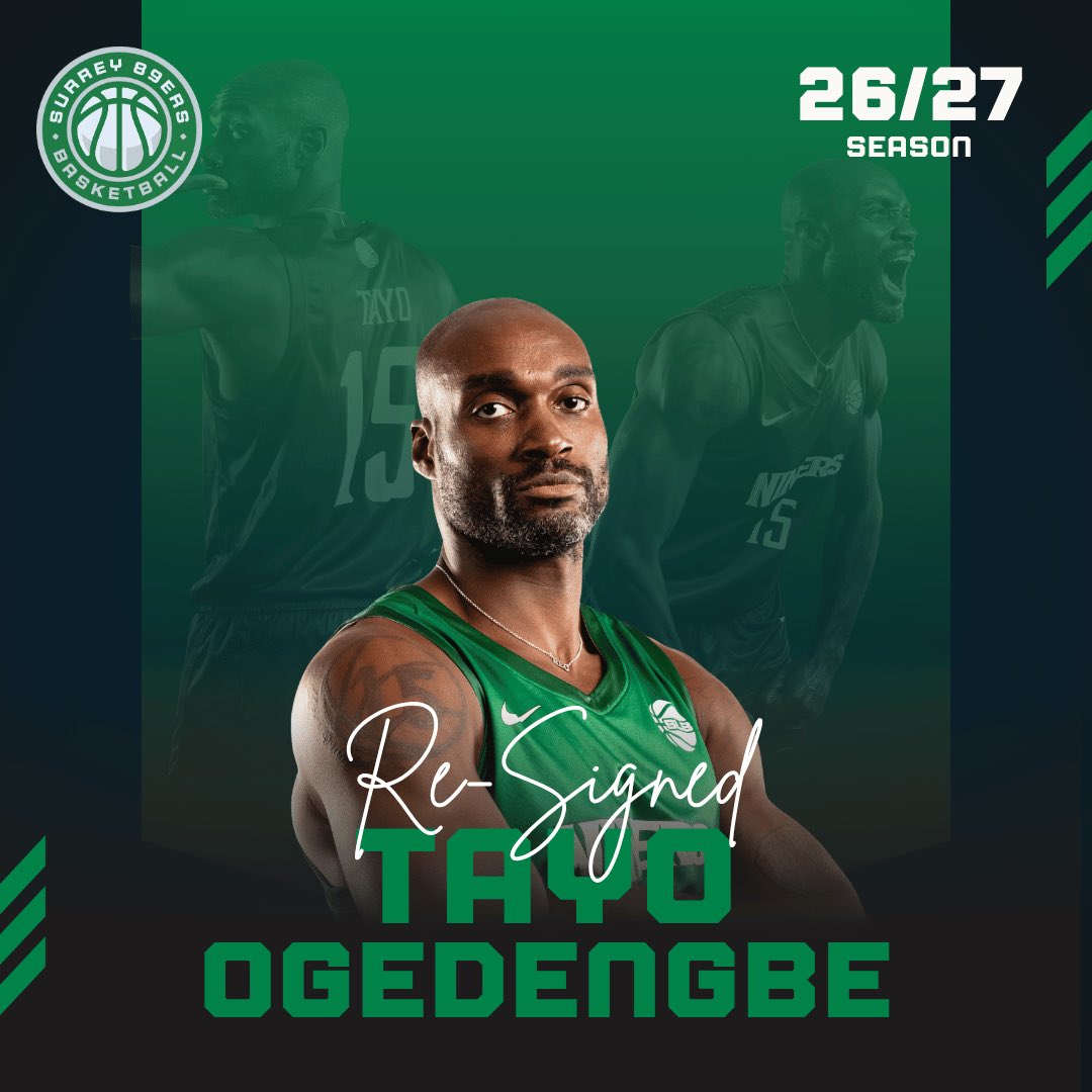 Surrey89ers's tweet photo. The captain stays! ✅

Surrey 89ers are delighted to confirm that Tayo Ogedengbe (@Tayotweets) has re-signed for the 2026/27 season. 

A true legend. His 12th straight season in Surrey!

There’s only one Tayo 💚 https://t.co/REIpgUnkpS