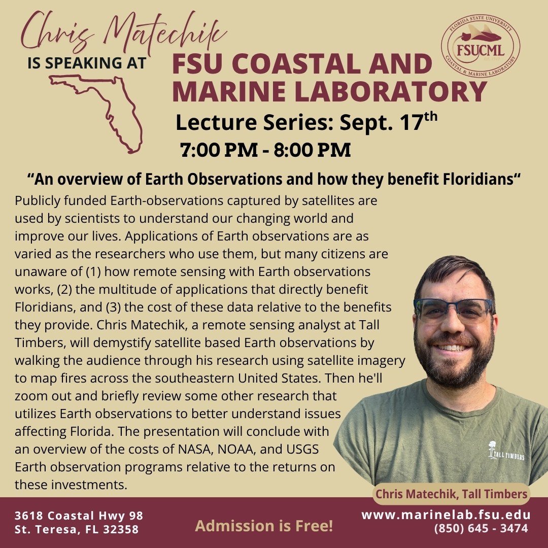 FSUMarineLab's tweet photo. 🚨Our fall lecture series returns NEXT WEEK! Join us at FSUCML on Sept 17 at 7 PM for Chris Matechik on Earth observations in research 🌎🛰️ Admission is FREE, but will also stream live on Zoom: https://t.co/SUBaAnUk8F #fsu #fsucml #lectureseries #earthobservations https://t.co/eQcwJdYtBI
