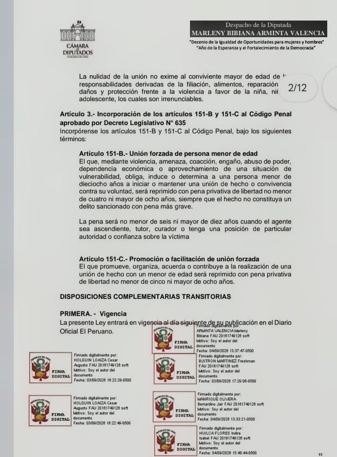 ArmintaMarleny's tweet photo. He presentado un proyecto de ley para prohibir las uniones de hecho infantiles y sancionar con hasta 10 años de cárcel a quienes las fuercen, induzcan o promuevan. ¡Se acabó el vacío legal!

No permitiremos que las uniones de hecho se conviertan en una puerta para vulnerar a nuestras niñas y adolescentes. Ninguna convivencia con menores de 18 años debe tener reconocimiento legal.

Desde mi despacho seguiré trabajando con firmeza para defender y proteger a nuestros niños y adolescentes. Con ellos no se negocia.

@MimpPeru @pcmperu @congresoperu @elcomercio_peru @tromepe @RPPNoticias @canalN_ @HBANoticiasaqp @exitosape @Frasecorta @diariocorreo