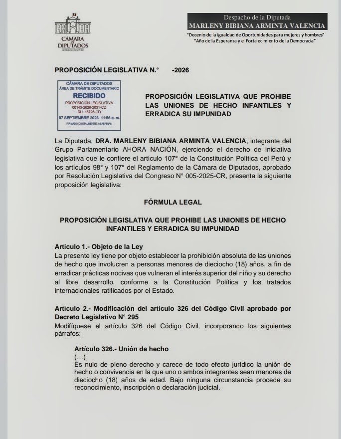 ArmintaMarleny's tweet photo. He presentado un proyecto de ley para prohibir las uniones de hecho infantiles y sancionar con hasta 10 años de cárcel a quienes las fuercen, induzcan o promuevan. ¡Se acabó el vacío legal!

No permitiremos que las uniones de hecho se conviertan en una puerta para vulnerar a nuestras niñas y adolescentes. Ninguna convivencia con menores de 18 años debe tener reconocimiento legal.

Desde mi despacho seguiré trabajando con firmeza para defender y proteger a nuestros niños y adolescentes. Con ellos no se negocia.

@MimpPeru @pcmperu @congresoperu @elcomercio_peru @tromepe @RPPNoticias @canalN_ @HBANoticiasaqp @exitosape @Frasecorta @diariocorreo