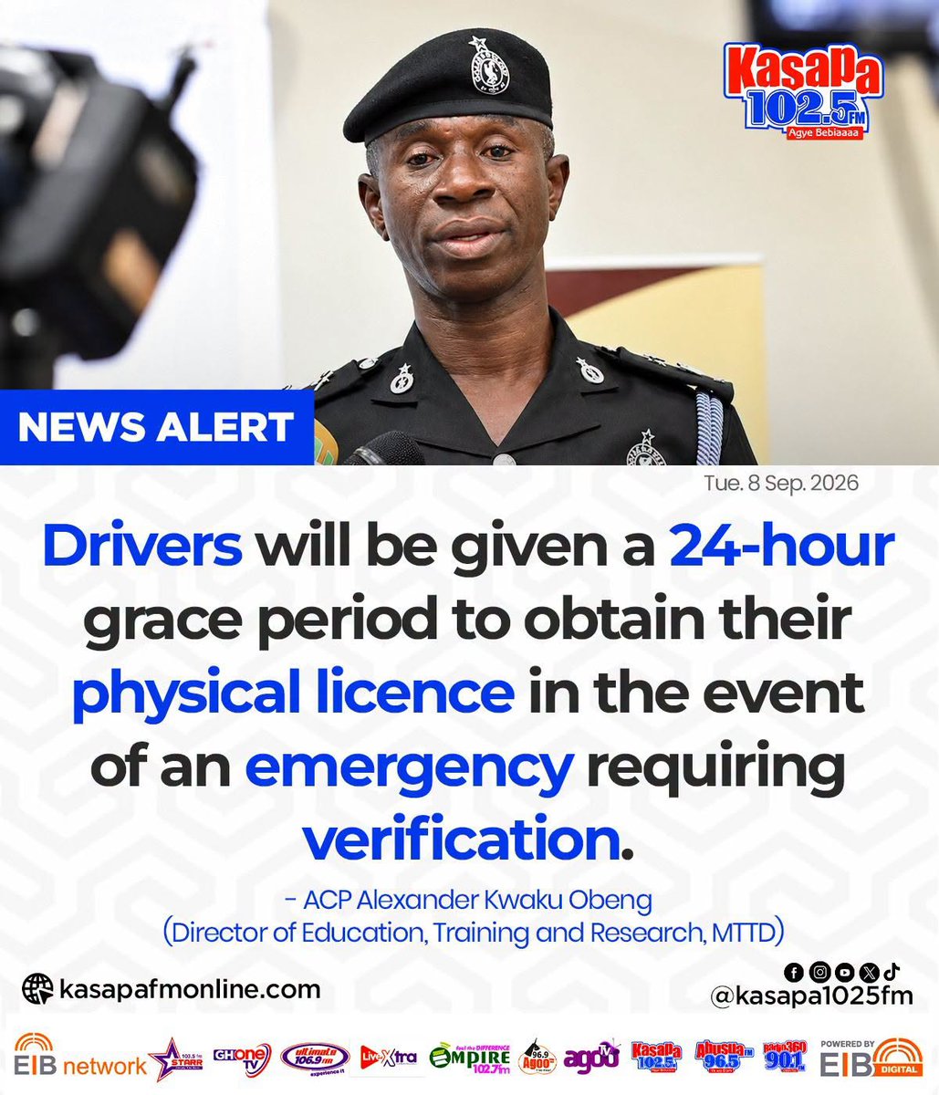 starr1035fm's tweet photo. Drivers will be given a 24-hour grace period to obtain their physical licence in the event of an emergency requiring verification... - ACP Alexander Kwaku Obeng (Director of Education, Training and Research, MTTD)

#StarrFM #EIBNetwork
#GHOneTV #NewsAlert
#KasapaFM https://t.co/PjJdIXAwMD