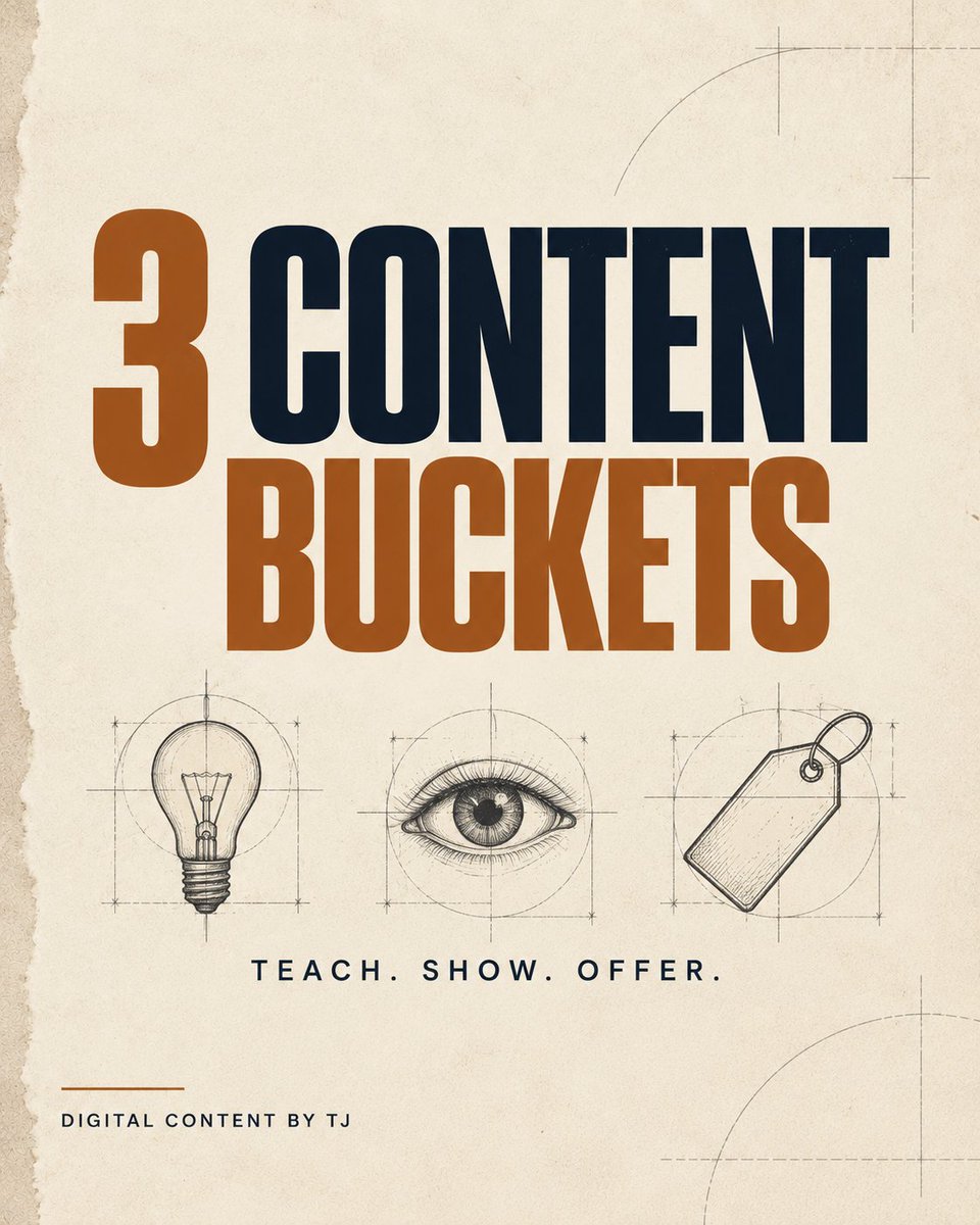 salcedo_tj's tweet photo. Not sure what to post?  Use 3 content buckets: 
• Teach • Show • Offer 
Rotate between them instead of forcing a new idea every day. Which one is easiest for you? 👇 #DigitalContentByTJ https://t.co/qAekDK7d07