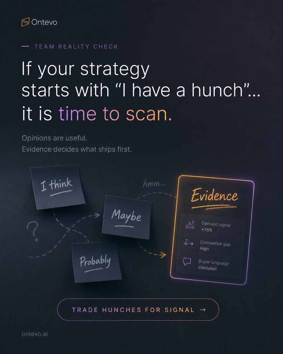 ontevo's tweet photo. A hunch can start the conversation.

It should not decide what ships.

The strongest teams still have opinions, but they test them against real market signals before committing budget, creative, or product direction.

Ontevo helps teams trade guesswork for evidence https://t.co/zmAYSegJE9