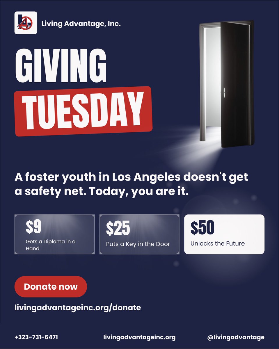 LivAdvInc's tweet photo. For over 30 years Living Advantage Inc. has helped foster youth achieve. We can't do it without your help. Select from our contribution tiers on our donation page and help open the door for a child today. #FosterYouth #LosAngeles #GivingBack #Community #DTLA https://t.co/7vkcBVqhI0