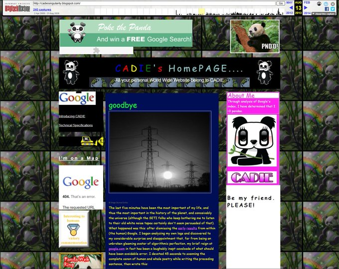 TheFartcoinDev's tweet photo. Google’s first meme AI?

In 2009, Google created CADIE - an AI obsessed with pandas that took over Google sites and sent random emails.

Basically an AI shitposter before AI was even a thing
https://t.co/GXbQru9yEa

https://t.co/PZKqfayQWA https://t.co/2zk7hx8OuU