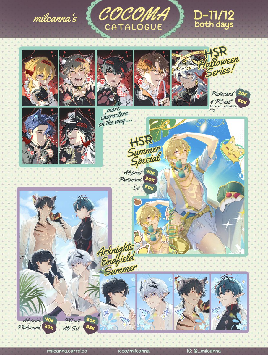 milcanna's tweet photo. [ 🔁❤︎ ] #COCOMA5 OTS CATALOGUE

🦝 D11/12 Jaerinka - Milcanna - Snaizel / BOTH DAYS 
🦝 cash/qris OK!   

🦝 Original BL, HSR (last phainon mousepad!, doujin, shopping bag), Arknights Endfield, Uma Musume

#cocoma5catalogue https://t.co/iecH59cxUP