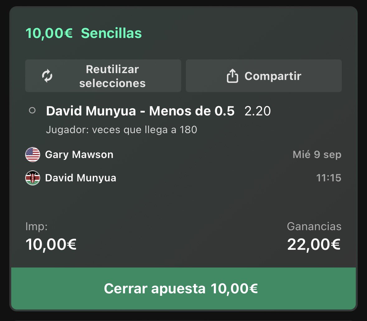 EricPicksz's tweet photo. ESTO HAY QUE PROBARLO 🔥

Munyua U0.5 180s  (x2.20)

STAKE 1

Esta apuesta ha salido hoy en 4/5 partidos de Munyua, tiene una proyección de 0.6 180s por partido y viene jugando muy inconsistente, además de ser el primer partido del día. Stake bajo porque es un partido barro. https://t.co/K7DR1udrp5