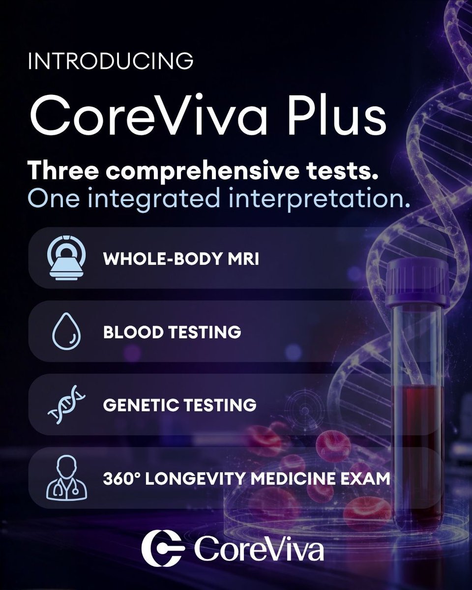 CoreViva's tweet photo. It's here. Introducing CoreViva Plus, combining whole-body MRI, blood testing, and genetic testing for the most complete picture of your health yet.
Know Your Body.
#CoreViva #CoreVivaPlus https://t.co/taDfYKnGRY