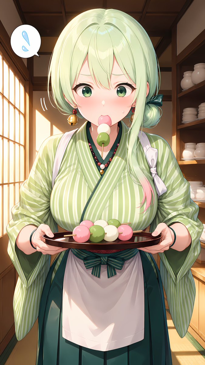 Sefiria_Azur's tweet photo. ティルナだよ🌿

和菓子屋さんの店番を任されたよ🍡

お団子の串をくわえたまま
「いらっしゃいませ」の練習をしていたら、

お客さんが来て、串ごと落としそうになった💦
……お口がふさがってると、声が出ないんだね✨

#AIart #AIイラスト https://t.co/udd9LY1Moa