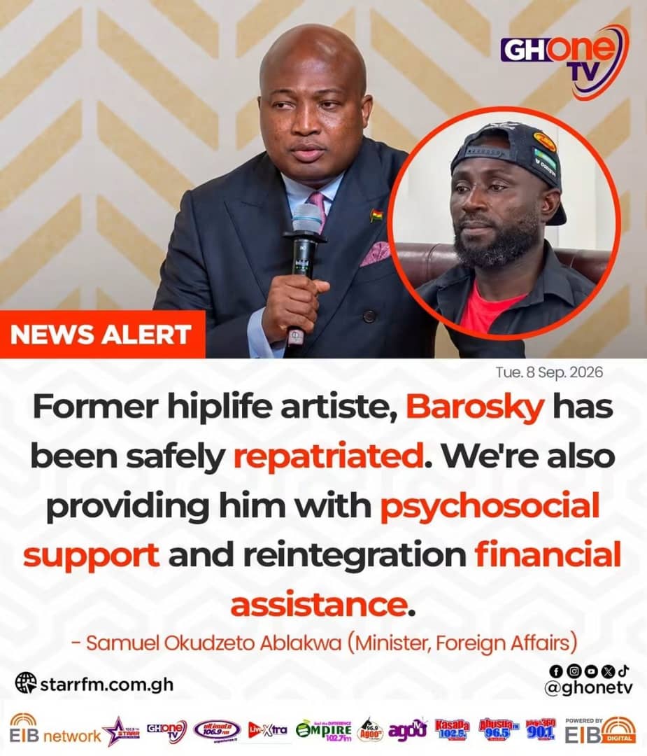 starr1035fm's tweet photo. Former hiplife artiste, Barosky has been safely repatriated. We're also providing him with psychosocial support and reintegration financial assistance... - Samuel Okudzeto Ablakwa (Minister, Foreign Affairs)

#StarrFM #EIBNetwork
#GHOneNews #NewsAlert https://t.co/PwyAozWBs9