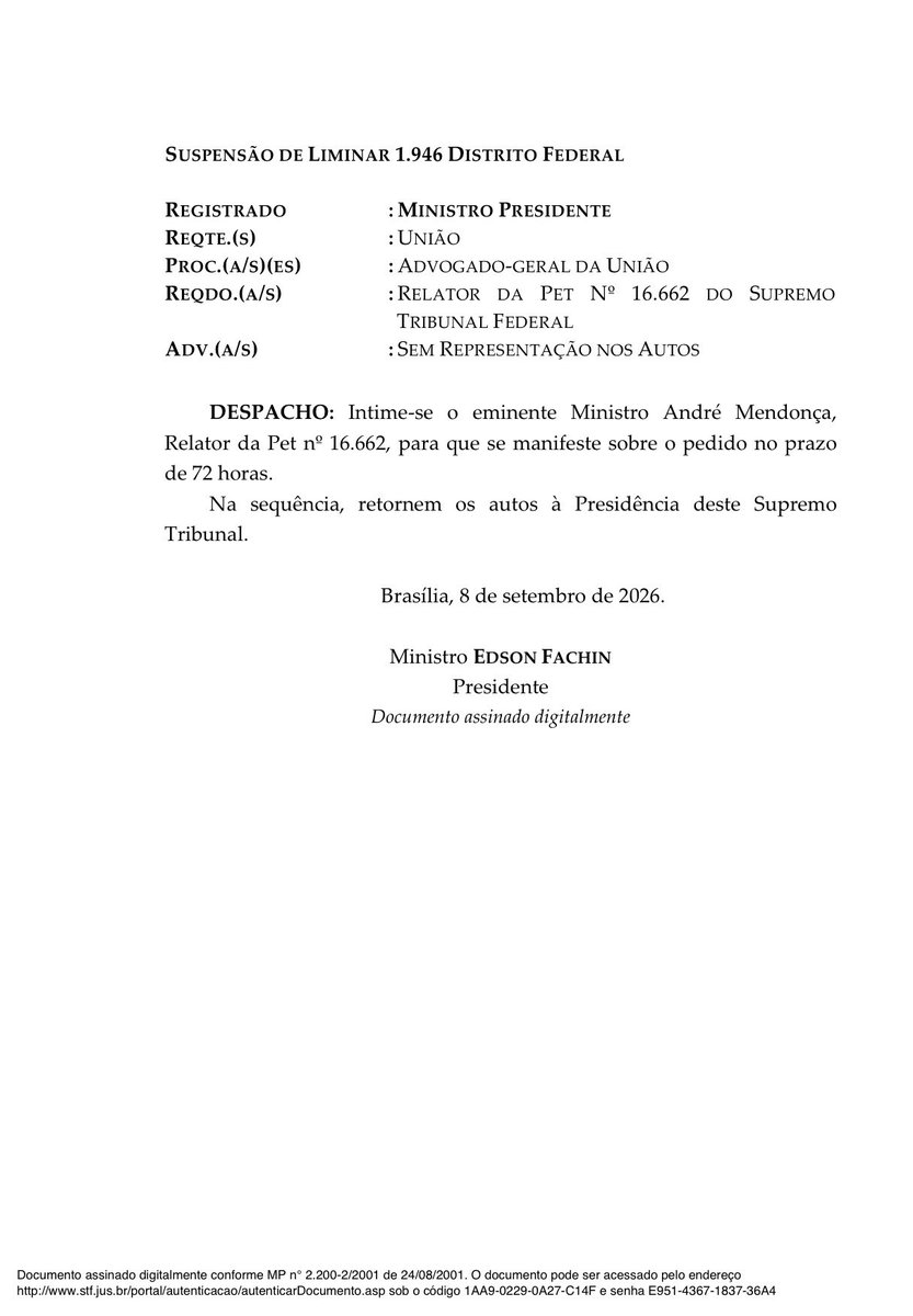 eixopolitico's tweet photo. 🇧🇷 AGORA: Edson Fachin, presidente do STF, dá 72 horas para André Mendonça se manifestar sobre pedido da AGU de suspensão da liminar que afastou Andrei Rodrigues do cargo de diretor-geral da PF.

Com ou sem manifestação, o processo retorna à Presidência do STF para decisão final do pedido do governo.