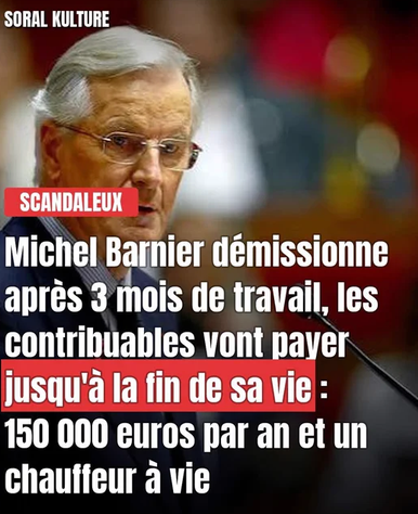 Forhalinton's tweet photo. Michel Barnier : 3 mois à Matignon, 0 budget voté, mais 44 730 € d'indemnités, une voiture, un chauffeur à vie et 150 000 € par an de pension. Pendant ce temps, les Français à qui il réclamait 60 milliards d'efforts touchent 1 400 € par mois de retraite. Le résultat ne compte pas. Les privilèges, si. Scandale.