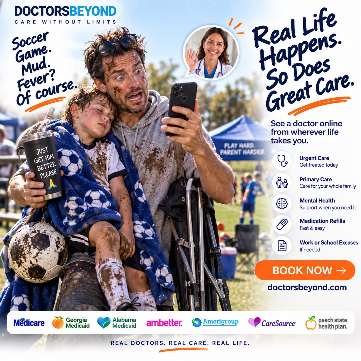DoctorsBeyond's tweet photo. POV: You survived the soccer game. The fever said, โNot so fast.โ ๐โฝ๐ค Doctor? Phone. Done. ๐ฉบ๐ฑ https://t.co/FOR45q8lI3 #DoctorsBeyond #ParentLife #Telehealth https://t.co/zmnEQE8msM