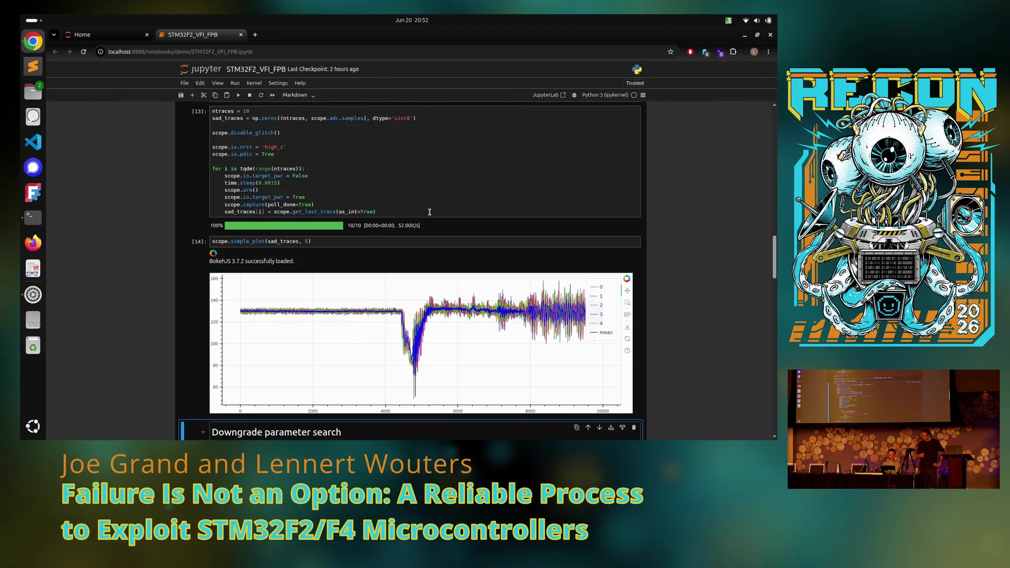 Screenshot from Joe and Lennert's REcon 2026 presentation showing an STM32F2 side channel power analysis plot
