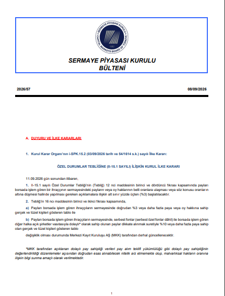 ArarKim9672's tweet photo. #sondakika 

 SPK, BIST ENDEKSLERİNDE TAŞLARI YERİNDEN OYNATABİLECEK BİR DÜZENLEME Mİ YAPTI?

SPK’nın 11 Eylül 2026’da devreye girecek yeni ilke kararı, BIST 30 / 50 / 100’e hangi hisselerin seçileceğine ilişkin kuralı doğrudan değiştirmiyor.

Ama çok kritik bir noktayı değiştiriyor:

Fiili dolaşımdaki pay oranının hesaplanma yöntemi.

Yeni sistemde;
%10 ve üzeri ortakların payları, yöneticilerin payları ve bunların serbest fonlar veya başka halka açık şirketler üzerinden dolaylı sahiplikleri de bazı durumlarda fiili dolaşım dışında kalabilecek. MKK bu oranları günlük hesaplayacak.
Peki asıl soru şu:

Endeks seçiminde ve ağırlığında kullanılan fiili dolaşım piyasa değeri değişirse, BIST 30-50-100 sıralaması da değişir mi?

Yani SPK doğrudan “endeks seçim kuralını” değiştirmedi ama endeks matematiğinin önemli girdilerinden birini değiştirdi.

11 Eylül sonrası bazı hisselerin FDPO’su yeniden hesaplandığında, endeks ağırlıklarında ve dönemsel endeks adaylarında sürprizler görebilir miyiz?

Bence asıl takip edilmesi gereken konu bu.

#SPK #BIST #Borsaİstanbul #BIST30 #BIST50 #BIST100 #MKK #FiiliDolaşım #HalkaAçıklık #SerbestFon #Endeks #SermayePiyasası #FinansalOkuryazarlık