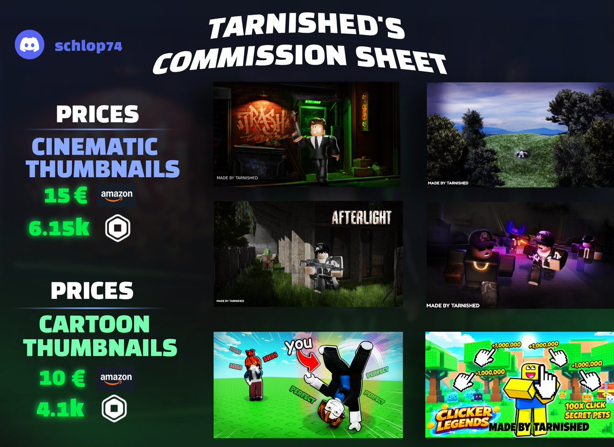 Tarnished2z's tweet photo. @gomeszfps Hey! I specialize in high-converting 3D cinematic Roblox thumbnails made in Blender. Rates start at 10€ / 4.1k Robux. Attached my sheet—DM me if you'd like to work together! 🚀 https://t.co/15vwzX7tAV
