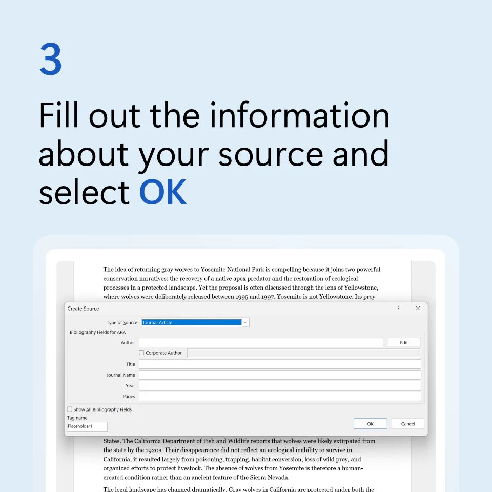 Text above a partial screenshot of a Word document says fill out the information about your source and select OK.