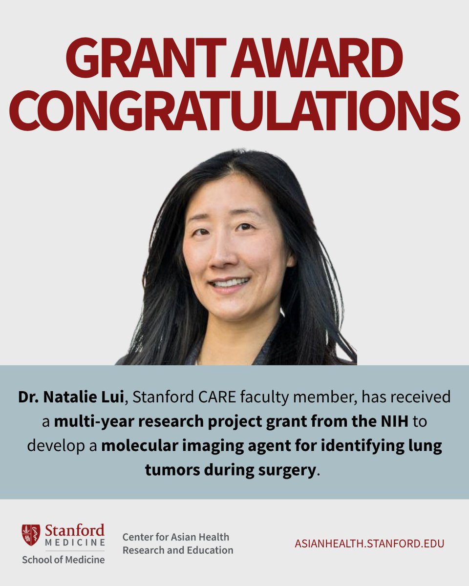 StanfordCAREs's tweet photo. Congratulations to Dr. @natalielui22 on receiving a multi-year research project grant from the @NIH. Her project will develop and evaluate a molecular imaging agent that helps surgeons locate lung tumors in the operating room. We’re proud to have Dr. Lui in the Stanford CARE community, and we look forward to continuing to uplift work like hers to a worldwide audience. Read more about Dr. Lui’s study: https://t.co/Bm4Wqf7Hii #StanfordCARE #AsianHealth #ThoracicSurgery #LungCancer #MolecularImaging #StanfordMedicine