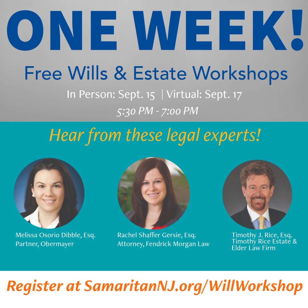 SamaritanNJ's tweet photo. Get the answers to all your will and estate questions with our panel of experts from Obermayer, Fendrick Morgan Law, and Timothy Rice Estate and Elder Law Firm. Join us in person on September 15 or online on the 17th.

Register for free here: https://t.co/RUxoPRB9ge https://t.co/5PDVGDs2fe