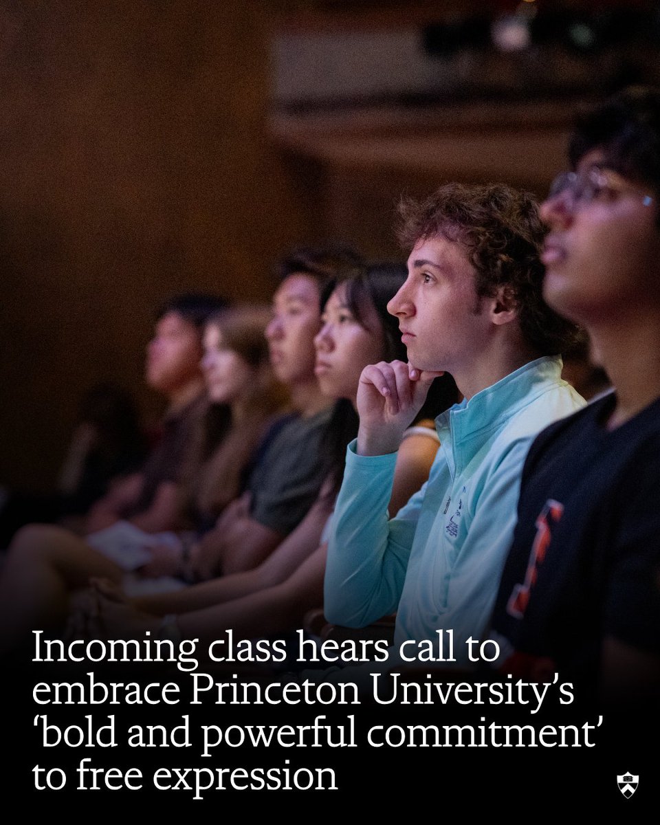 The words: "Incoming class hears call to embrace Princeton’s ‘bold and powerful commitment’ to free expression" Photo of students in the audience listening to the discussion on stage.