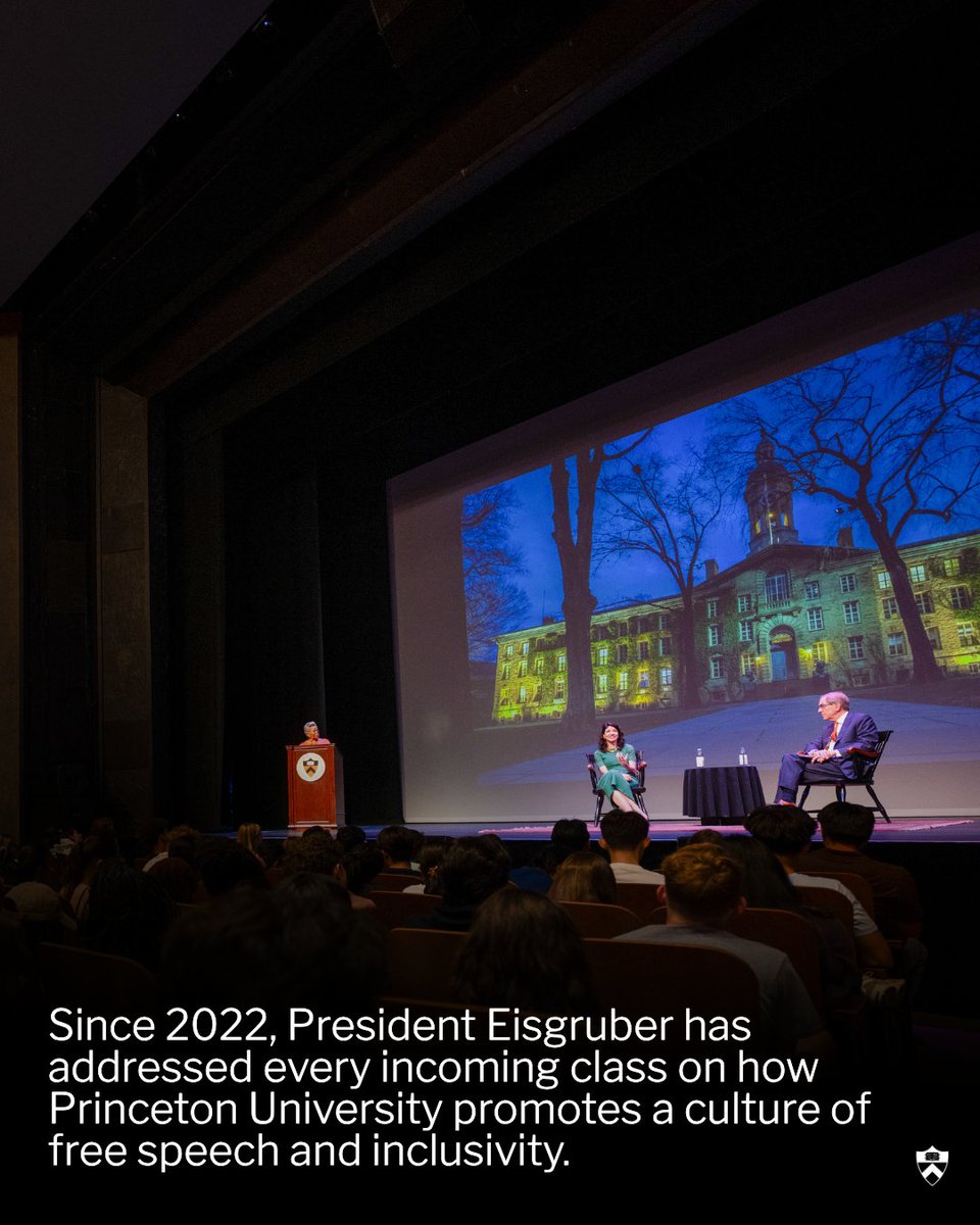 The words: "Since 2022, President Eisgruber has addressed every incoming class on how the University promotes a culture of free speech and inclusivity." Photo of VP Calhoun, Summer and President Eisgruber on stage.