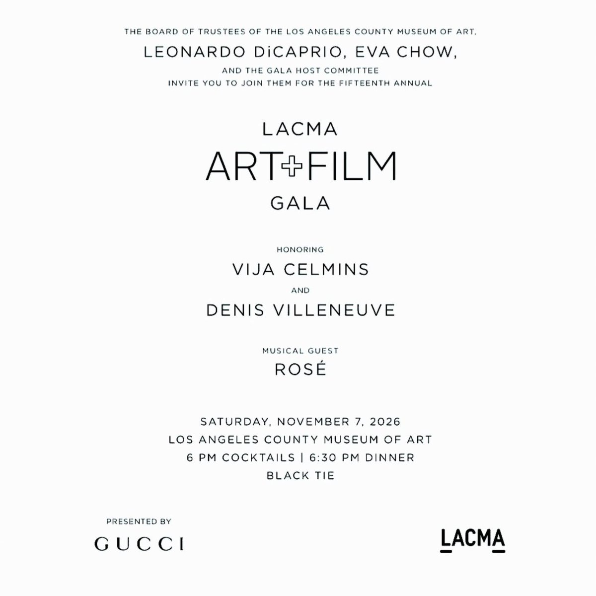 theroseconnect's tweet photo. #ROSÉ is scheduled to perform as the musical guest at the 15th annual LACMA Art+Film Gala on November 7, 2026 🖤 https://t.co/4LzQ87RboW