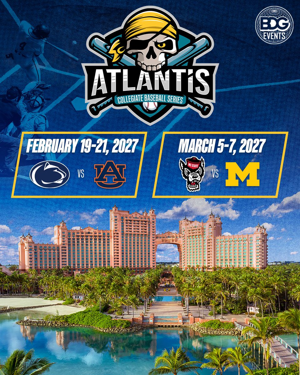 bdGlobalSports's tweet photo. 🚨 Now TWO weekends. Four powerhouse programs. One unforgettable setting. ⚾️🌴

The #AtlantisBaseballSeries is bringing four incredible programs to @atlantisbahamas for two unforgettable weekend series’ of baseball:

@PennStateBASE vs @AuburnBaseball l Feb 19-21 '27
@NCStateBaseball vs @umichbaseball l March 5-7 '27

For VIP Hotel and Ticket Packages visit https://t.co/y6CHQc3BJK and for all game/series tickets visit https://t.co/ziqdDV2Spb ❗️