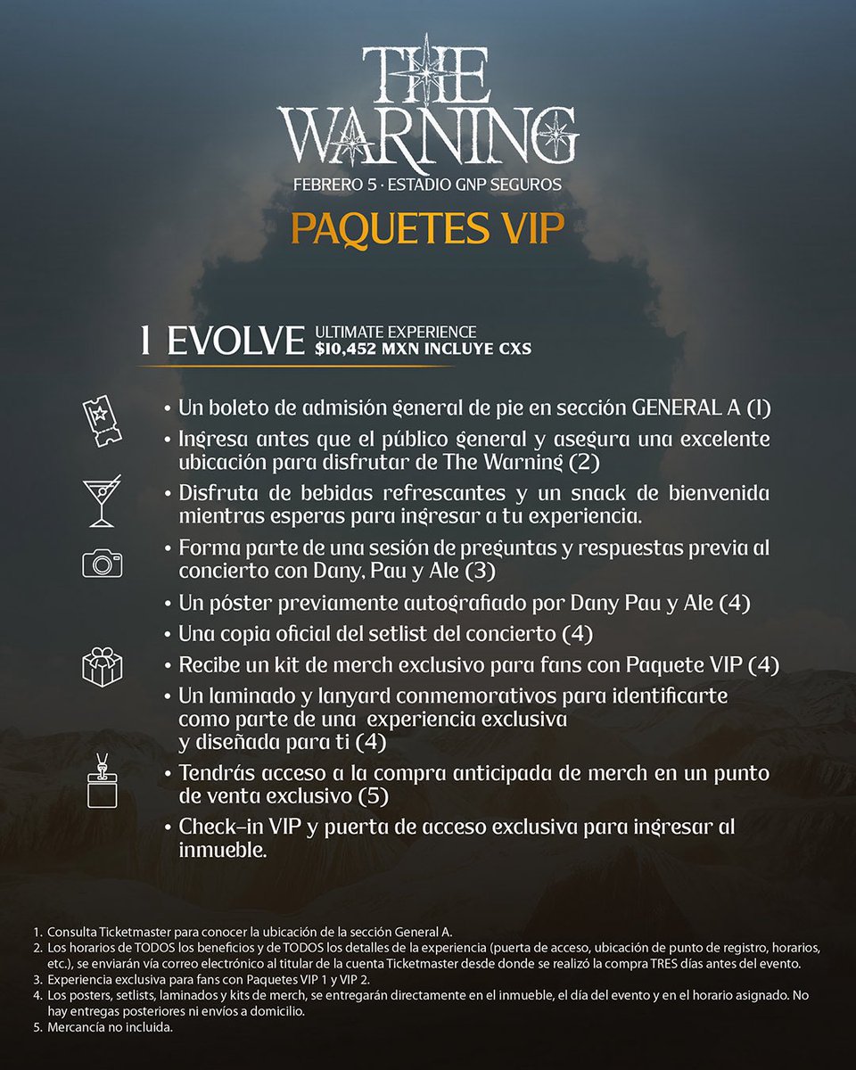 ailoviutl's tweet photo. 🚨 INFORMACIÓN DE PAQUETES VIP 🚨

THE WARNING 🤘🏽 EVERYTHING'S FALLING
🗓️ Viernes 5 de Febrero del 2027 🗓️
🏟️ Estadio GNP Seguros 🏟️
📍 CDMX 📍🇲🇽 México World Tour 🇲🇽

ℹ️ Precios de Paquetes VIP con Cargos ℹ️

VIP 1: EVOLVE Ultimate Pit $10,452

VIP 2: DISCIPLE Platinum $8,962

VIP 3: S!CK Early-Entry Experience $6,517

VIP 4: MORE: VIP Merch Package $5,392

🎫 Fechas de Preventa 🎫

-Gran Venta HSBC: 9 de Septiembre 11:00 AM
(Tarjetas de Crédito/Débito Premier)
-Gran Venta HSBC: 10 de Septiembre 11:00 AM
(Tarjetas de Crédito y Débito)
-Venta a Fans: 10 de Septiembre 11:00 AM*
-Venta General: 11 de Septiembre 11:00 AM
(Todo tipo de Tarjetas y Bancos)

*Regístrate aquí para obtener el código de la Venta a Fans: https://t.co/BcjitFkKCt en esta venta podrás pagar con tarjetas de cualquier banco ya sean crédito o débito 

💲 Boletera: Ticketmaster 💲

💳 Meses sin Intereses 💳

3 y 5 MSI con tarjetas de Crédito HSBC

#TheWarning #Concert #Concierto #TheWarningRockband #EstadioGNPSeguros #ForoSol #CDMX #México #Music #Música #Ailoviutl #Fest #Festival #Tour2026 #Tour2027 #LasWaWas #MéxicoTour #Rock #OCESA #Ticketmaster #RockMusic
