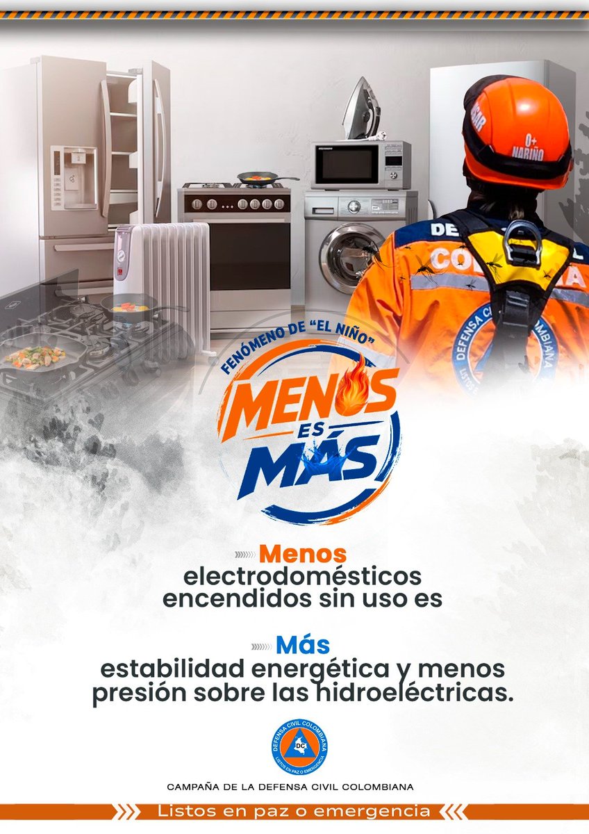 DefensaCivilCo's tweet photo. Detrás de cada bombilla encendida sin necesidad, hay una gran presión sobre el agua que nos abastece. 💧 El Fenómeno de El Niño nos toca a todos. ¡Desconecta y aporta tu grano de arena! Sumate a la campaña : #MenosEsMás #ListosEnPazOEmergencia 🧡 https://t.co/pSm3M6KEl5