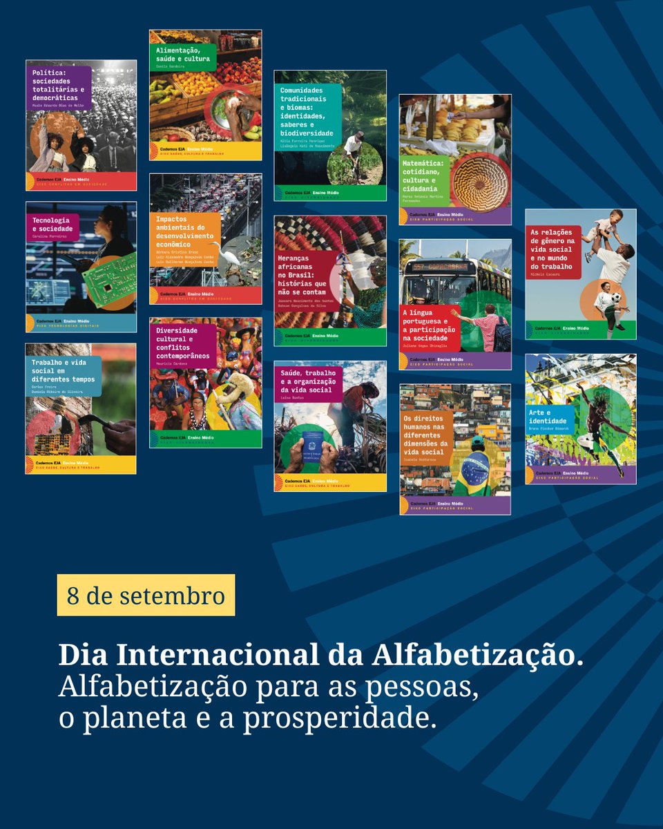 UNESCOBrasil's tweet photo. No #DiaInternacionalDaAlfabetização, destacamos a coleção “Cadernos EJA Ensino Médio”, desenvolvida para apoiar as escolas com materiais didáticos interdisciplinares, que podem ser utilizados de forma flexível pelas redes de ensino.

https://t.co/DZfAZDaG8r
Busque: Cadernos EJA https://t.co/ebXZQdBTI4