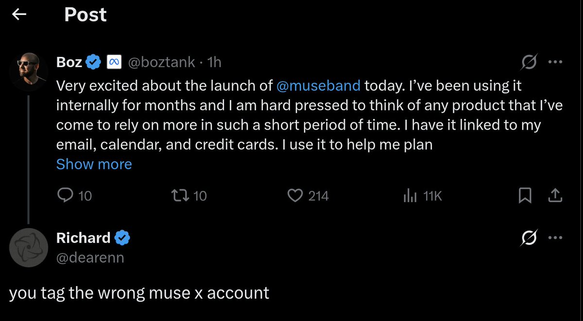 dearenn's tweet photo. Meta today launched a new ai product named Muse, and their CTO @boztank  tagged @museband which is a music band for their product launch. Guess how high quality their product will be :) https://t.co/hsGBlBK0u8