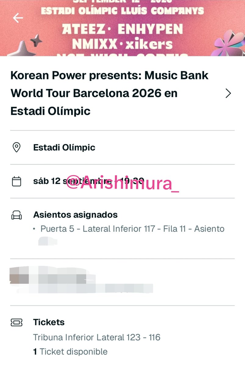 Arishimura_'s tweet photo. VTS entradas para MusicBank en Barcelona

vendo 1x entradas por 215€ cada una (valor nominal, tasas incluidas)

-dm si estas interesad@
-puedes ofrecer tu precio
#musicbank #koreanpower #enhypen #cortis #nmixx #xikers #ateez #ald1 #ntcwish https://t.co/Yy4ZQK31Nt