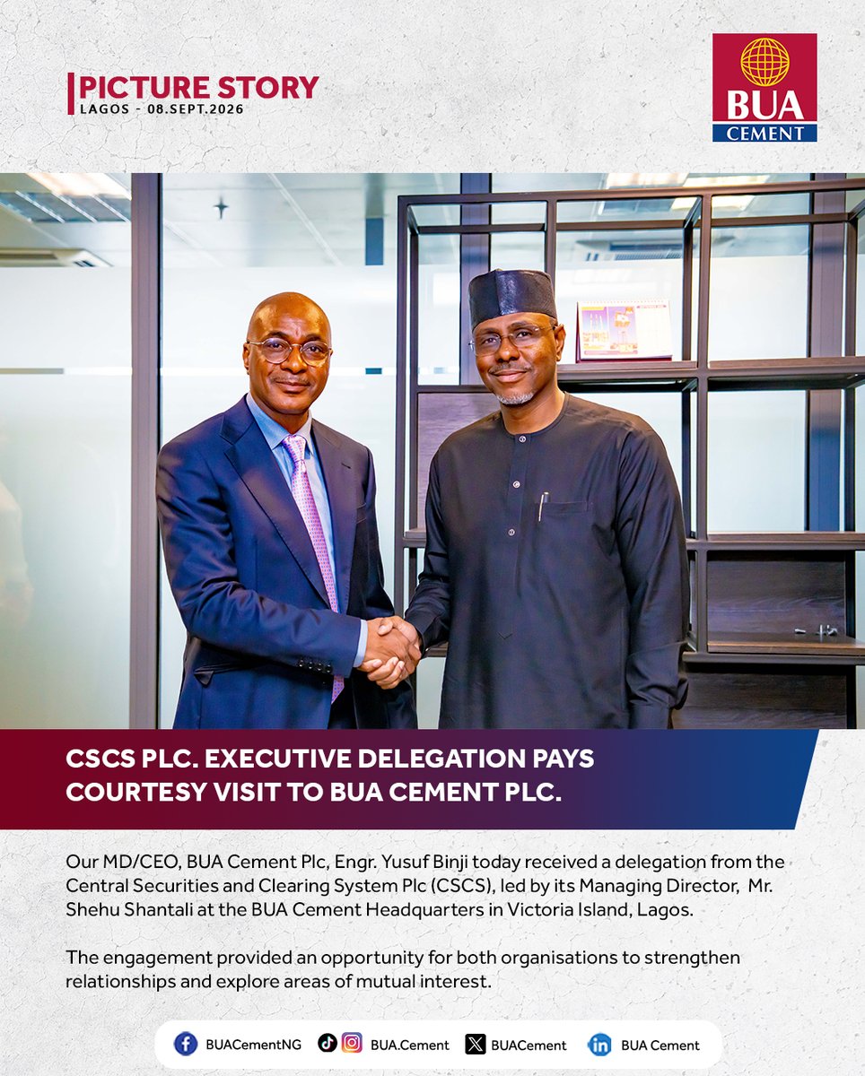 BUACement's tweet photo. Our MD/CEO, BUA Cement Plc, Engr. Yusuf Binji today received a delegation from the Central Securities and Clearing System Plc (CSCS), led by its Managing Director,  Mr. Shehu Shantali at the BUA Cement Headquarters in Victoria Island, Lagos.

Also present at the meeting were  Mr. Chikezie Ajaero, Executive Director, Finance, BUA Cement Plc; Mr. Adeyinka Shonekan, Executive Director,  CSCS; Mrs. Hauwa Satomi, Company Secretary, BUA Cement Plc; Mr. Chukuwemeka Onuoha, General Manager, Sales and Marketing (South), BUA Cement Plc; Mr Tomiwa Olafare, Head, Planning and Logistics, BUA Group.

The engagement provided an opportunity for both organisations to strengthen relationships and explore areas of mutual interest.

cc. @CSCSNigeria

#BUACement #TheKingofStrength