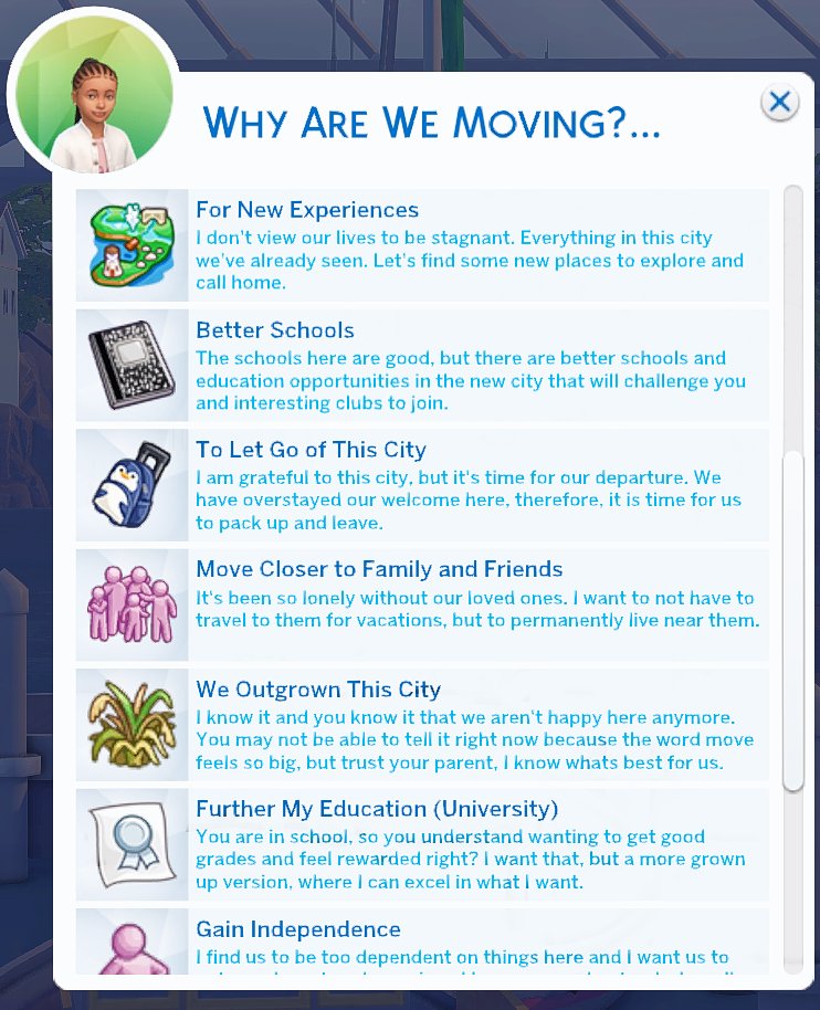 sasha_sspace's tweet photo. I am releasing this mod this week!

From now on, there will be some drama with moving away. Your child/teen sim will feel a way about it and it's a whole journey!