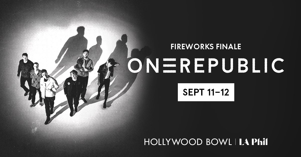 HollywoodBowl's tweet photo. With hits like “I Ain’t Worried” and “Counting Stars,” they’re one of the most successful pop-rock bands of the 21st century. @OneRepublic joins us September 11 and 12 for Fireworks Finale! Be there when they light up the night. https://t.co/pPqSQikarV https://t.co/o5QJy3XRGP