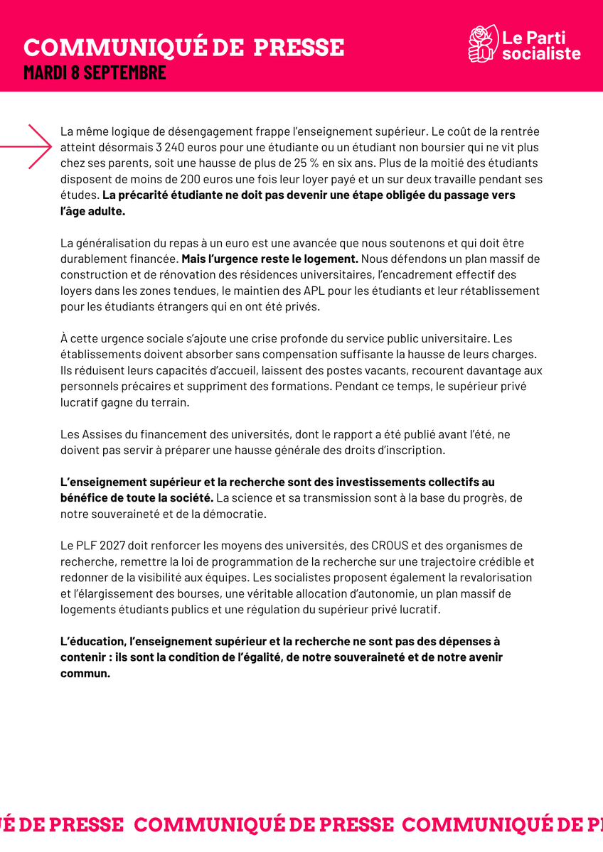 partisocialiste's tweet photo. 🔴 Rentrée 2026 : Neuf années de macronisme ont abîmé l'école, l'université et la recherche

Réuni en Bureau national ce mardi 8 septembre, le Parti socialiste a consacré ses travaux à la rentrée scolaire et universitaire. Celle-ci n’est pas une rentrée comme les autres : dernière du second quinquennat d’Emmanuel Macron, elle coïncide avec la publication des résultats de PISA 2025. Le constat est sans appel : les performances des élèves français en mathématiques, en lecture et en sciences sont à leur plus bas niveau depuis vingt ans.

Huit ministres de l’Éducation nationale depuis 2017, dont sept depuis 2022, ne sont pas parvenus à inverser la courbe de la dégradation. L’instabilité ministérielle, la succession des annonces et les réformes improvisées ont tenu lieu de politique éducative. PISA montre pourtant que près d’un tiers des élèves français est désormais en difficulté en mathématiques et en lecture et que le poids de l’origine sociale reste considérable. Malgré l’engagement sans faille de nos enseignantes et enseignants, l’École de la République ne corrige plus les inégalités, et trop souvent, elle les reproduit.

👉 Retrouvez l'intégralité de notre communiqué : https://t.co/InYYX4C21e