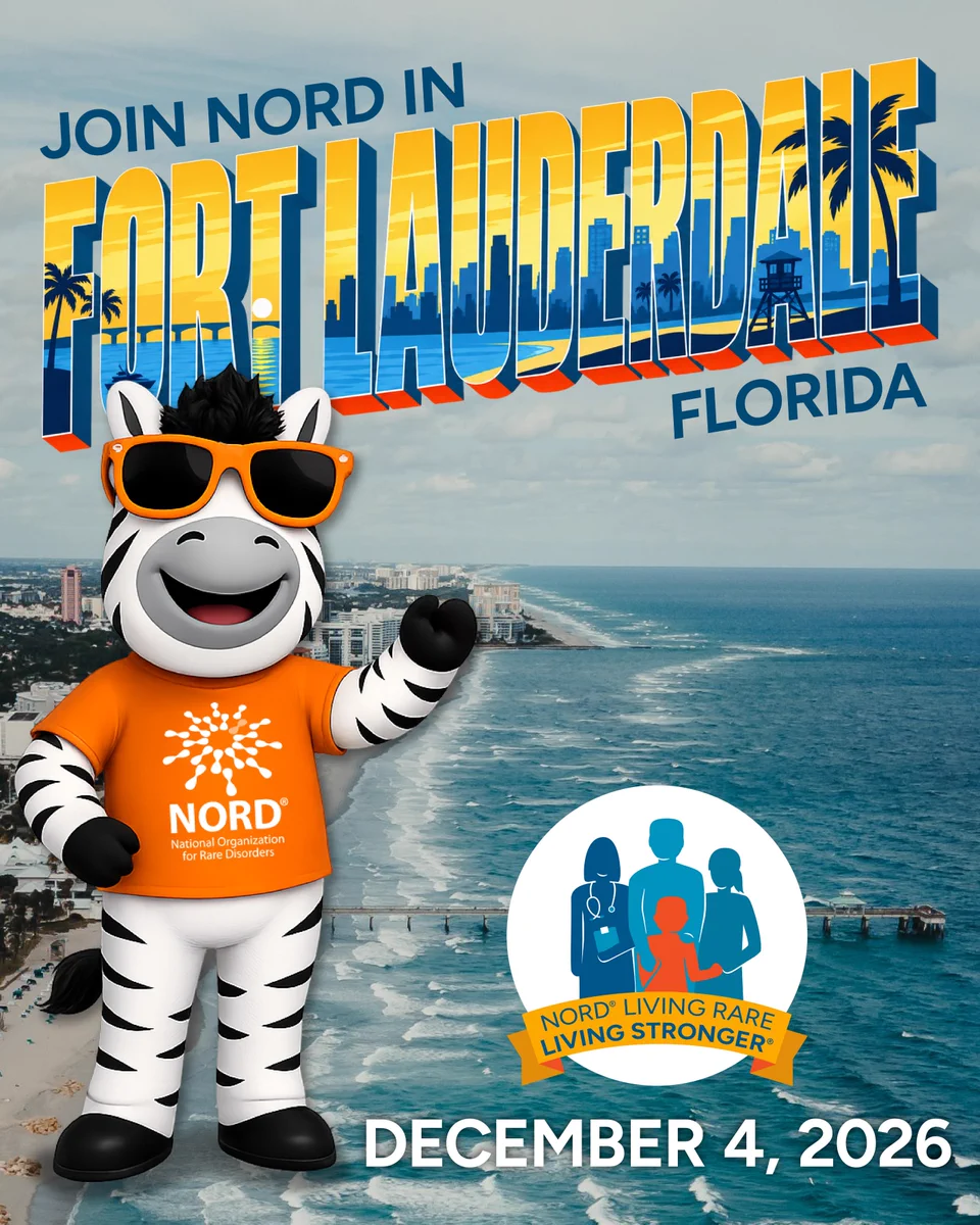 A cartoon zebra wearing orange sunglasses and a NORD shirt stands in front of a beach skyline. The text reads, "Join NORD in Fort Lauderdale, Florida" and "December 4, 2026." There is a NORD logo with the motto "Living Rare, Living Stronger.