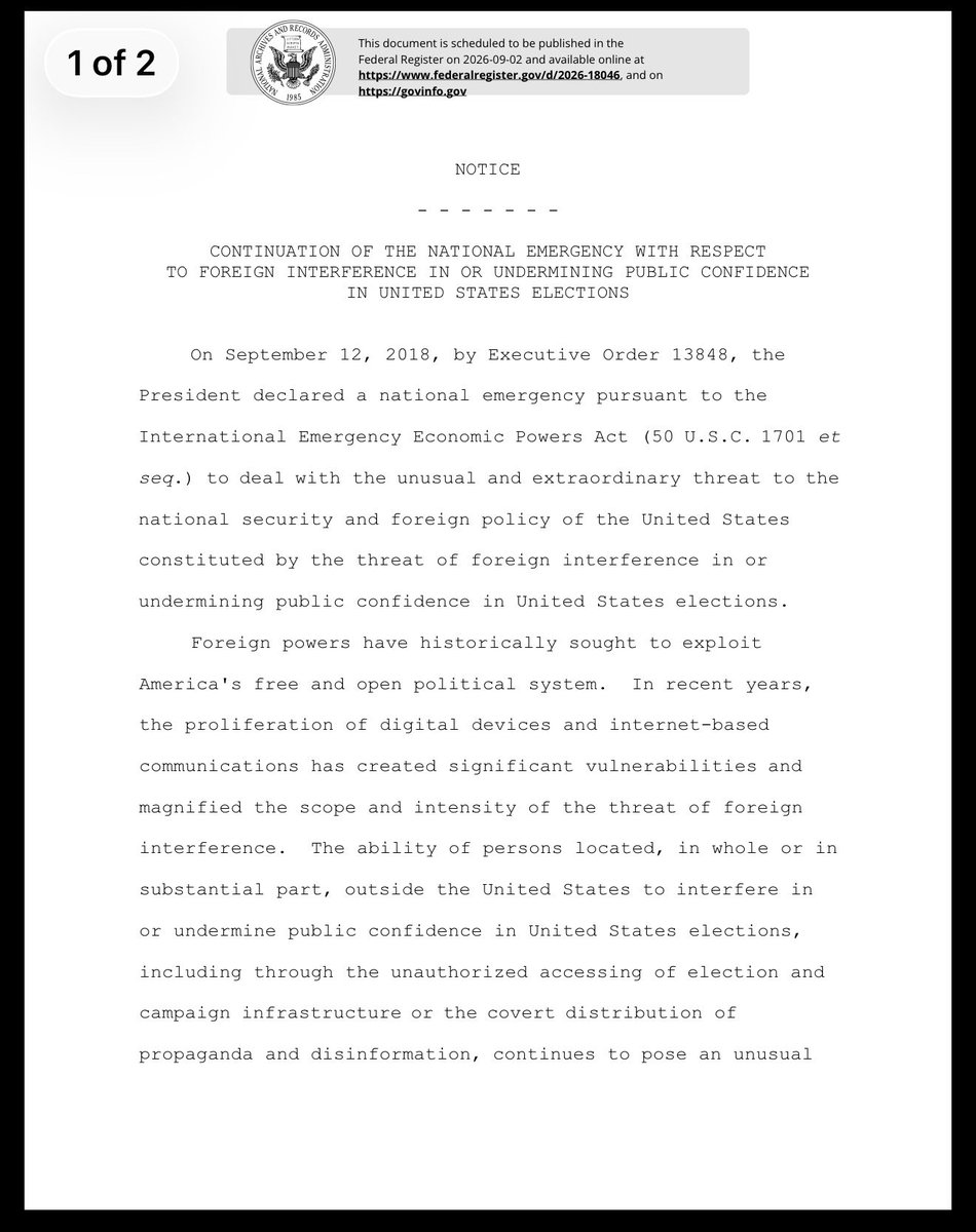 justicecometh1's tweet photo. Well now… 

Did you know EO 13848 was just renewed again…

We already have EOs in place for the election. 

We don’t need new ones… 

https://t.co/ZFhghpa9N8 https://t.co/JXh1n8lWTP