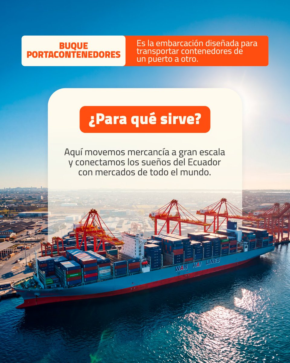 ConteconGYE's tweet photo. Detrás de cada operación portuaria hay espacios y equipos que cumplen una función clave. ⚓🚢
Te explicamos para qué sirven el muelle, el patio de contenedores y los buques portacontenedores dentro de la cadena logística.
#Contecon https://t.co/NUlG6NYfLo