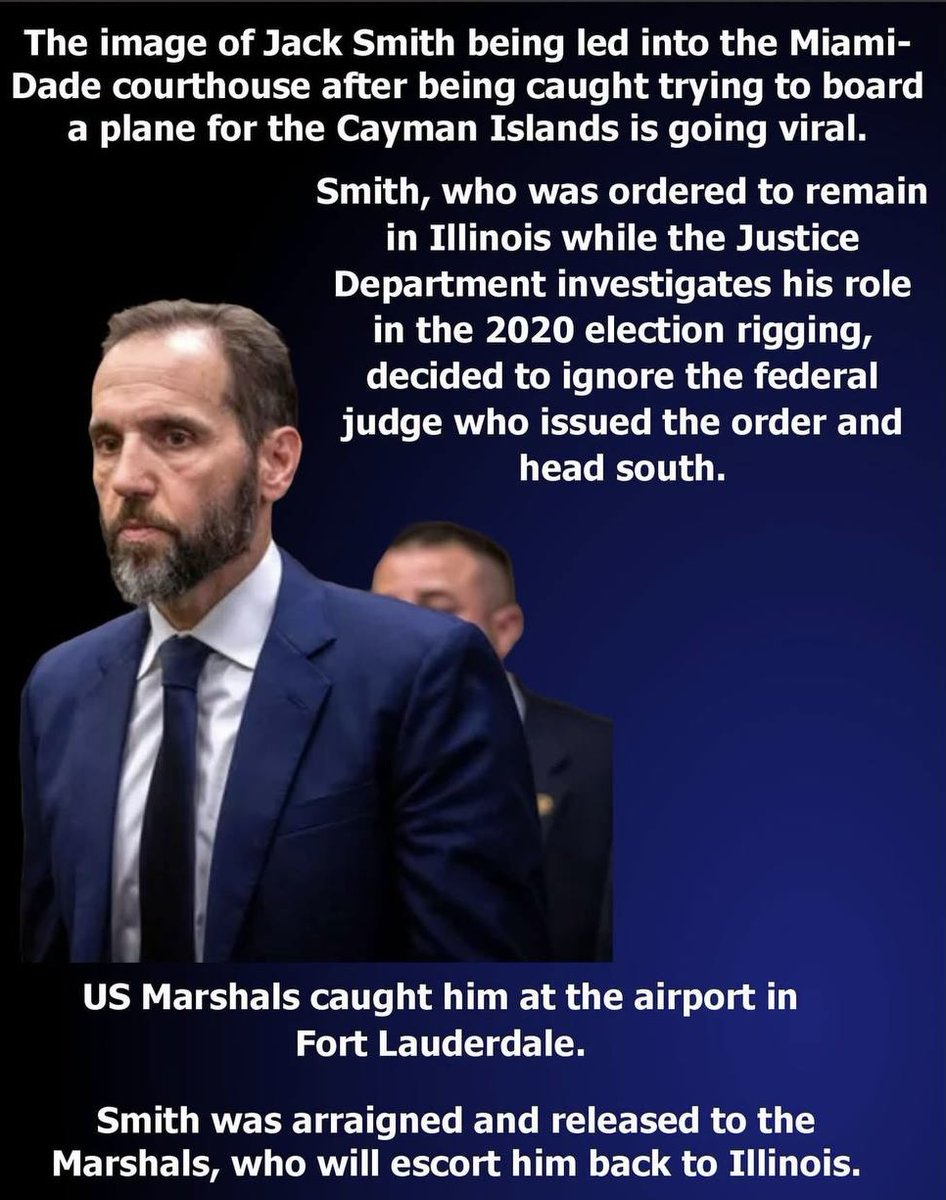 mcafeenew's tweet photo. 🚨THE IMAGE OF JACK SMITH BEING LED INTO THE MIAMI-DADE COURTHOUSE AFTER BEING CAUGHT TRYING TO BOARD A PLANE FOR THE CAYMAN ISLANDS IS GOING VIRAL!

Follow: https://t.co/0R1RawWnth

Don’t forget: Jack Smith doesn’t have an autopardon. He probably couldn’t afford one. 🤣

Smith, who was ordered to remain in Illinois while the Justice Department investigates his role in the 2020 election rigging, decided to ignore the federal judge who issued the order and head south.

US Marshals caught him at the airport in Fort Lauderdale.

Smith was arraigned and released to the Marshals, who will escort him back to Illinois.

Share this everywhere so the Cayman flight stays grounded!

Follow @mcafeenew for more drops.