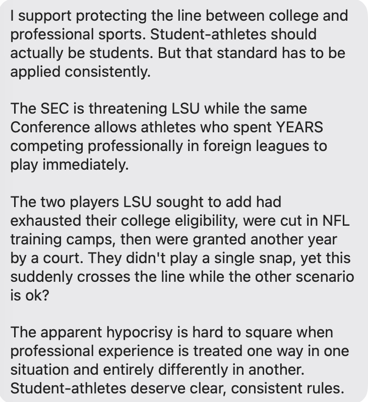 Ross Dellenger: Sen. Bill Cassidy (R-Louisiana) releases a statement to @YahooSports calling for the SEC to apply its rules consistently