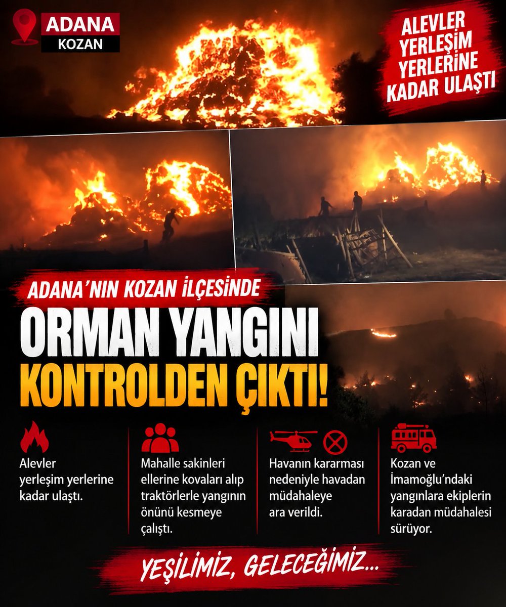 muhendisyenn's tweet photo. Dualarınızı eksik etmeyin lütfen.
Adana'da orman yangını çıktı!

Adana'nın Kozan ilçesinde kontrolden çıkan orman yangını yerleşim yerlerine kadar ulaştı. 

Alevlerin evlerin eşiğine kadar gelmesi üzerine mahalle sakinleri ellerine kovaları alıp traktörlerle yangının önünü kesmeye çalıştı. 

Havanın kararması nedeniyle havadan müdahaleye ara verilirken, Kozan ve İmamoğlu'ndaki yangınlara ekiplerin karadan müdahalesi sürüyor.