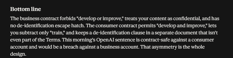 powns_ai's tweet photo. @OpenAI Another hint that they are pretty much using our data as standard users: The vagueness which leaves room for 'interpretability' in the consumer case, is completely gone in the business/enterprise contract. Everything points towards this being a strategic distinction. https://t.co/8hcYuY2YYp