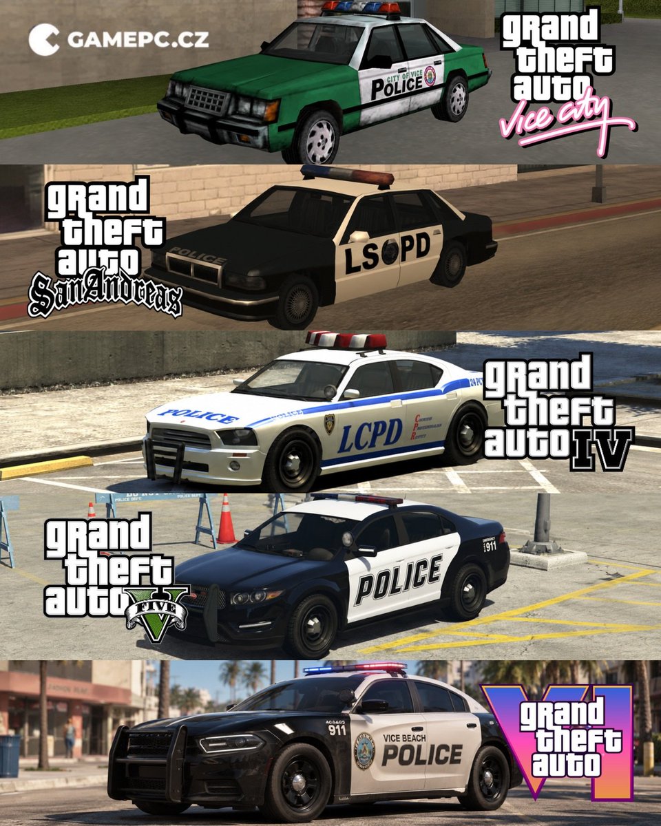 GTA6Stories's tweet photo. The evolution of police cars is crazy. 

#GTA6 #RockstarGames https://t.co/wYWXgQfpCG