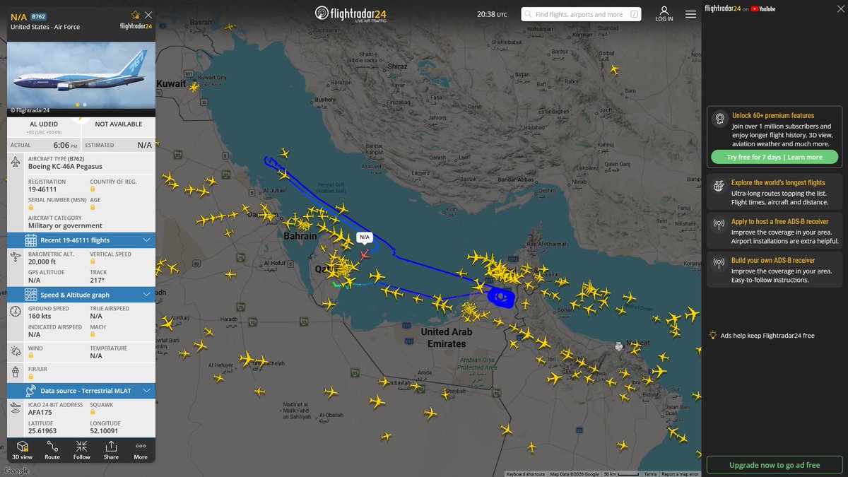AIYeyENGDdJkjTr's tweet photo. Sept. 9, 2026
#Al-Udeid Air Base ==> #Musandam Peninsula #Persian Gulf 
#NoCALLSIGN #AFA175 USAF KC-46A Pegasus 

#Al-Udeid Air Base ==> #Gulf of Oman
#NoCALLSIGN #AE63CF USAF KC-46A Pegasus 
#NoCALLSIGN #AED555 USAF KC-46A Pegasus
#NoCALLSIGN #AE5F9C USAF KC-46A Pegasus 

#Ben Gurion ==> #Gulf of Oman
#NoCALLSIGN #AE574D USAF KC-46A Pegasus