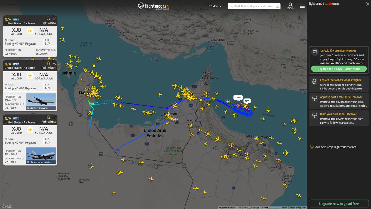 AIYeyENGDdJkjTr's tweet photo. Sept. 9, 2026
#Al-Udeid Air Base ==> #Musandam Peninsula #Persian Gulf 
#NoCALLSIGN #AFA175 USAF KC-46A Pegasus 

#Al-Udeid Air Base ==> #Gulf of Oman
#NoCALLSIGN #AE63CF USAF KC-46A Pegasus 
#NoCALLSIGN #AED555 USAF KC-46A Pegasus
#NoCALLSIGN #AE5F9C USAF KC-46A Pegasus 

#Ben Gurion ==> #Gulf of Oman
#NoCALLSIGN #AE574D USAF KC-46A Pegasus