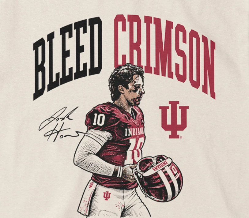 daily_hoosier's tweet photo. There is already a bloody Josh Hoover shirt at the NIL Store, because you knew there would be.  Use code TDH15 to save 15%. #iufb 
https://t.co/YfZbJgBho5 https://t.co/908zoGM1tl